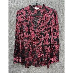 J. Jill Burnout Semi Sheer Top Womens Large Red Black Floral Button Long Sleeve